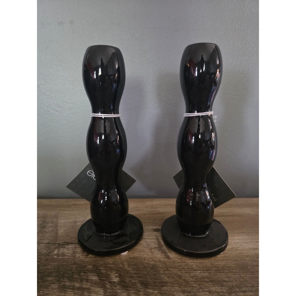 Elements 9in Black Wavy Stoneware Taper Holder Set of 2 Glossy 531232
